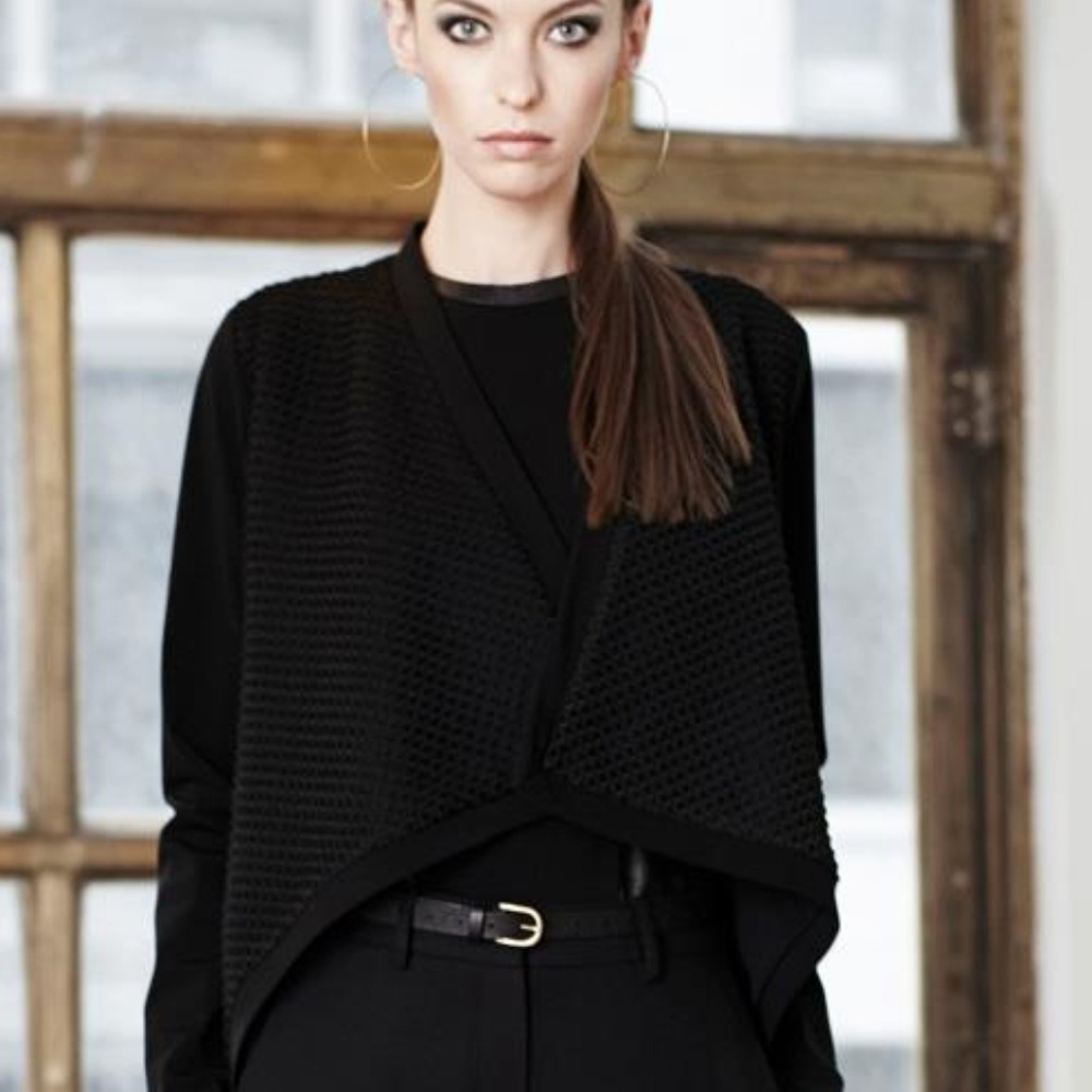 NHA KHANH BLACK WOOL & HEAVY CREPE OPEN SHAWL